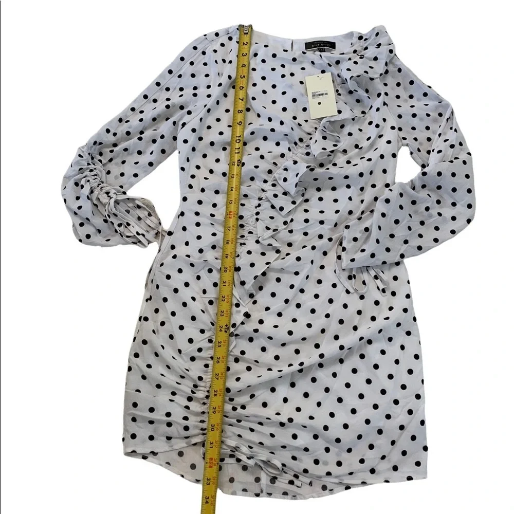 Blue Bush Black & White Polka Dot Ruffle Ruched Woven Dress Size Large